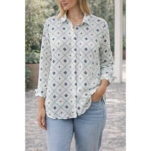 Women Button Up Blouse Shirt White Argyle resort breathable 100% Linen Size XL